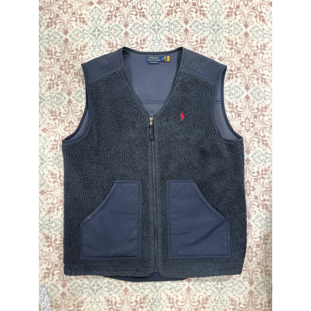 Polo Ralph Lauren Performance Mens Navy Blue Deep Pile Fleece Zip Up Vest L